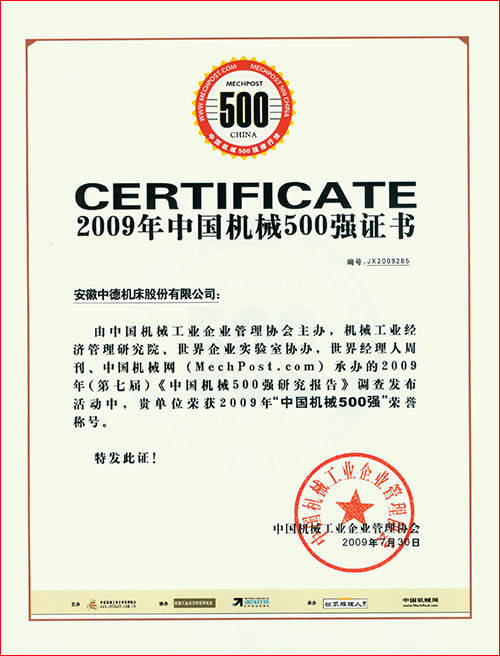 中国机器500强证书